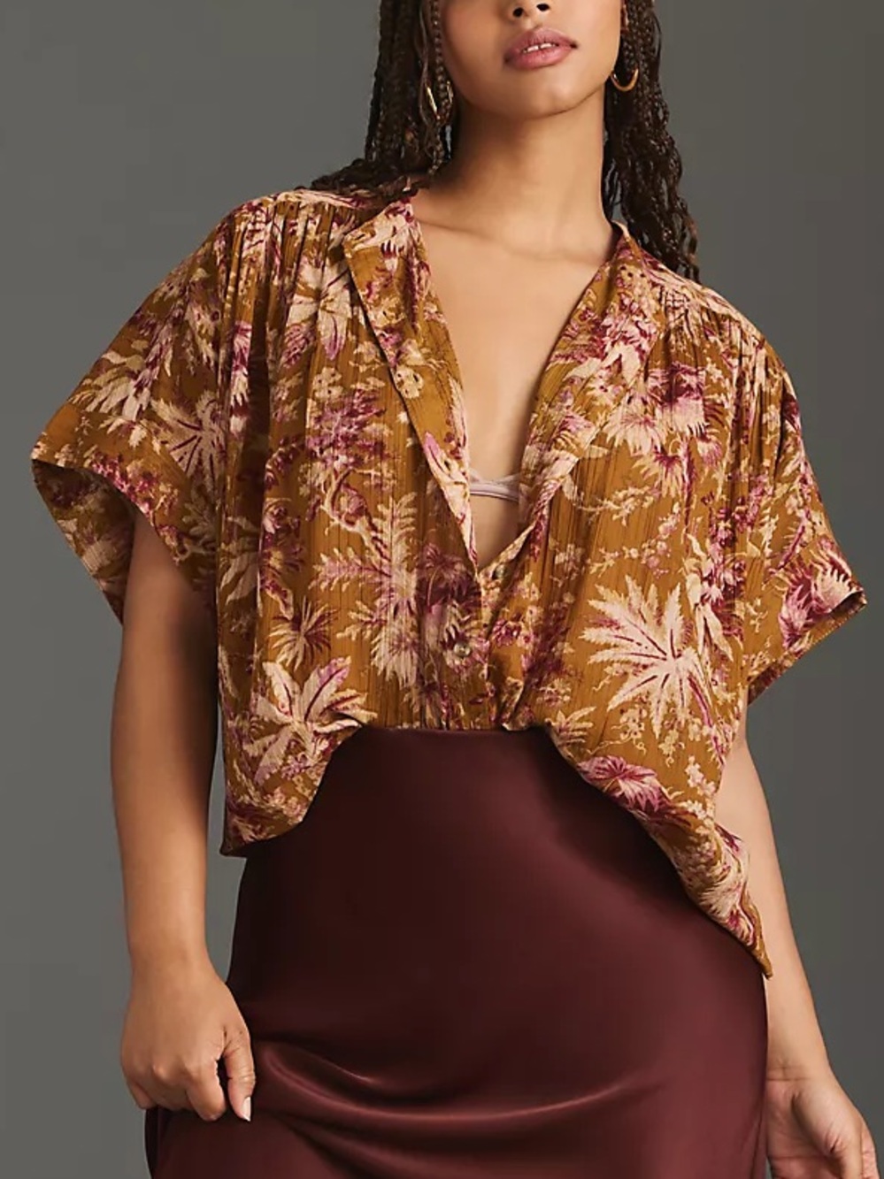 Anthropologie Pilcro Short Sleeve Batwing Buttoned Blouse Floral Flowy Size L/XL
